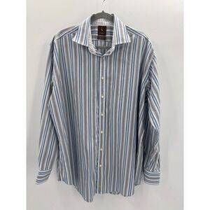 Tailorbyrd Mens XXL Blue Grey Stripe Long Sleeve Button Up Shirt Embroidered